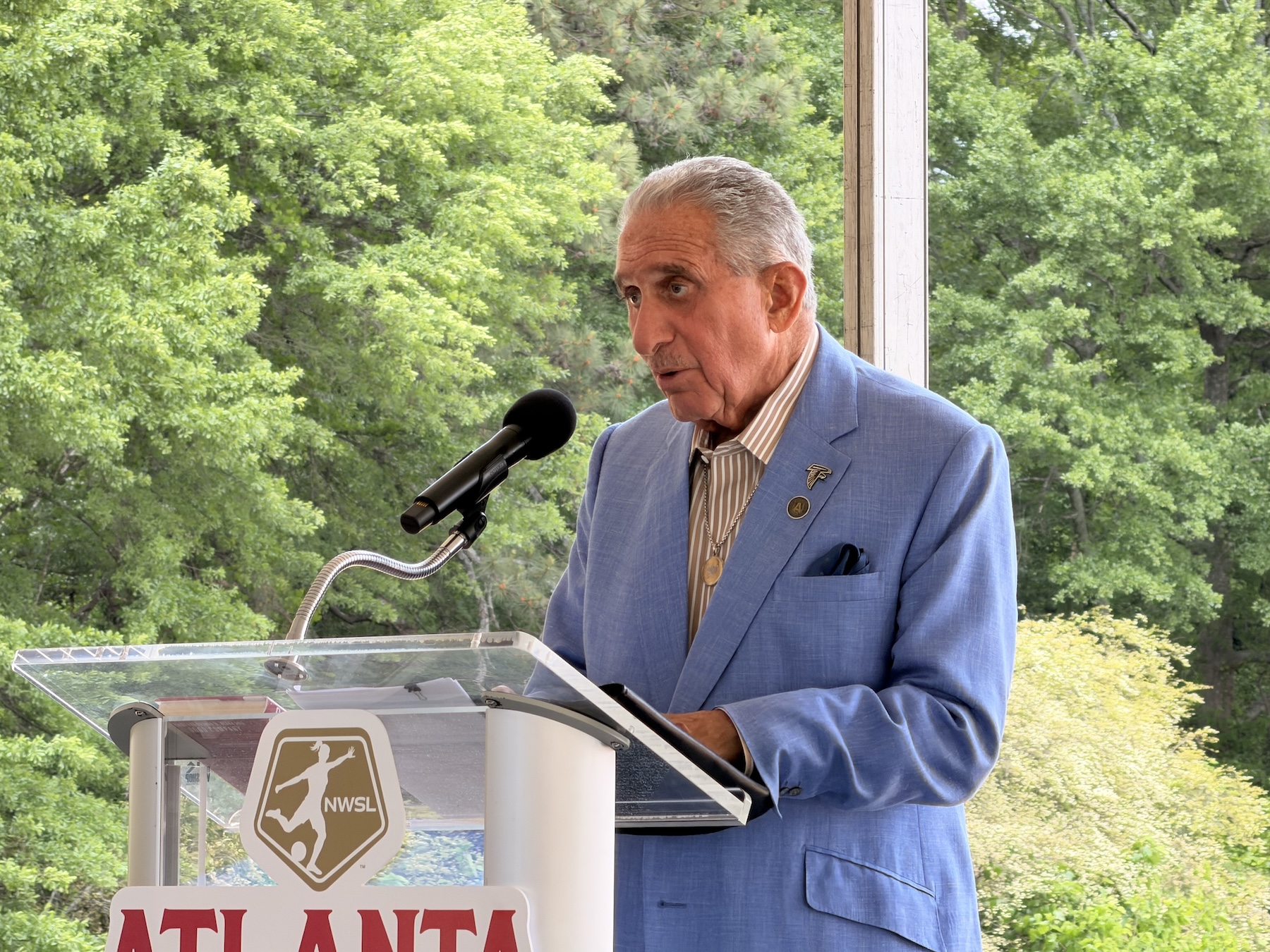 Arthur Blank speaks at the NWSL Atlanta 2028 training center groundbreaking in Marietta, GA