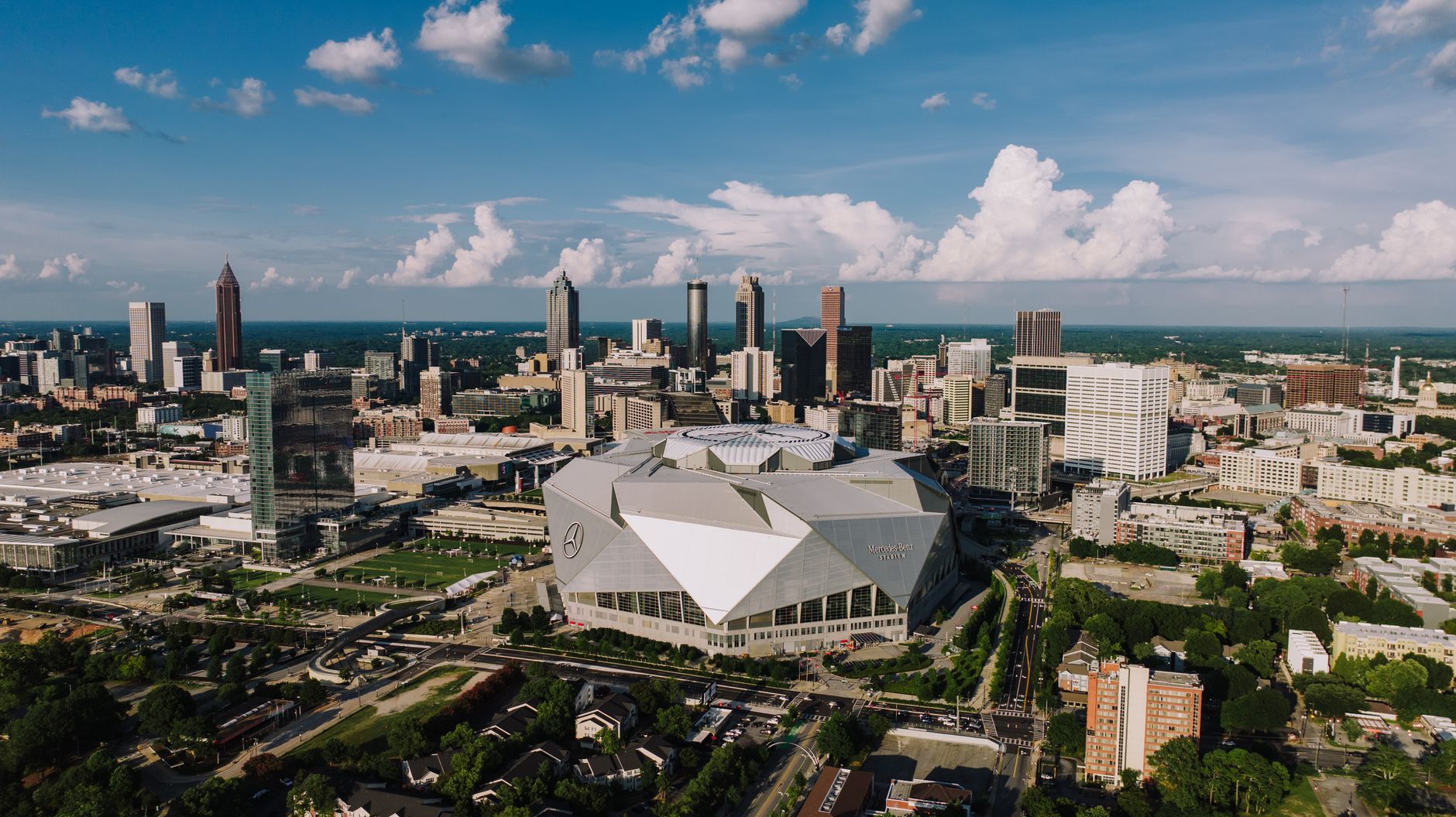aerial view of atlanta skyline with mercedes benz stadium